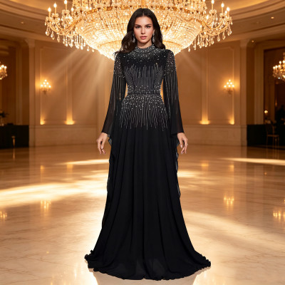 EVE Hot Diamond Chiffon Long Sleeve Maxi Dress BY-7818