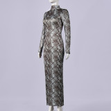 EVE Retro Snake Patterned Ice Silk Maxi Dress GNZD-11814