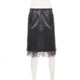 EVE Lace Patchwork Leather Half Body Skirt GPKJ-MR51859