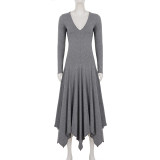 EVE V Neck Long Sleeve Irregular Maxi Dress GPKJ-MR51216
