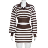 EVE Stripe Long Sleeve Top Two Piece Skirts Set GDSF-D26ST301