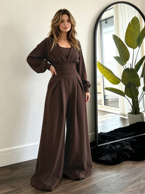 EVE Solid Color V Neck Lantern Sleeve Three Piece Pants Set MIL-L400