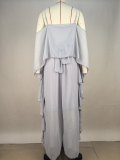 EVE Solid Color Off Shoulder Chiffon Two Piece Pants Set MDF-5573