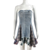 EVE Contrast Color Plaid Printed Denim MIni Dress GNZD-51096DHD