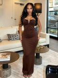 EVE Solid Color V Buckle Ruched Maxi Dress GADE-11544