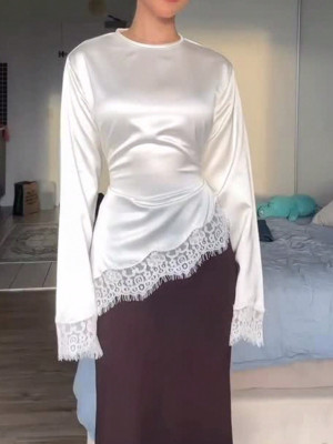 EVE Satin Lace Patchwork Irregular Top GXIY-K26L2714