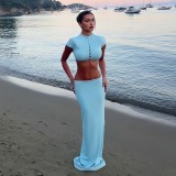EVE Solid Color Hollow Out Top Long Skirt Suit GYME-K6S16613A