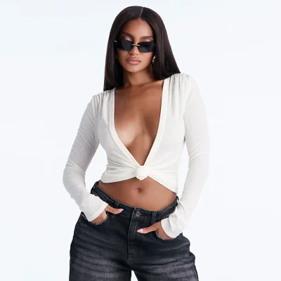EVE Solid Color Deep V Neck Cardigan Top MXBF-J26TP400