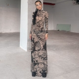 EVE Mesh Printed See Through Long Sleeve Maxi Dress YWXS-XS-D3914186W