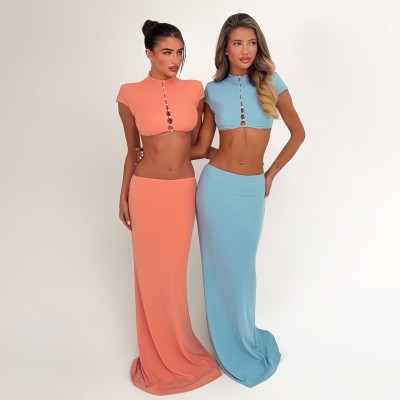 EVE Solid Color Hollow Out Top Long Skirt Suit GYME-K6S16613A