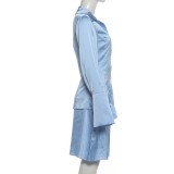 EVE Solid Color Long Sleeve Cardigan Top Two Piece Skirts Set GYME-K6S15753A