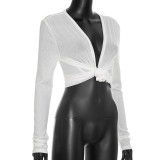 EVE Solid Color Deep V Neck Cardigan Top MXBF-J26TP400