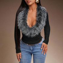 EVE Fur Neck Deep V Long Sleeve Top GDSF-Q26TP229