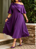 EVE Plus Size Slash Shoulder Ruffles Midi Dress GAWE-6793