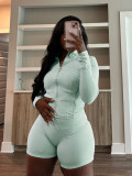 EVE Solid Color Long Sleeve Tight Two Piece Shorts Set CH-24068