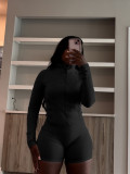 EVE Solid Color Long Sleeve Tight Two Piece Shorts Set CH-24068