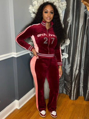 EVE Embroidered  Velour Contrast Color Two Piece Pants Set CH-26037