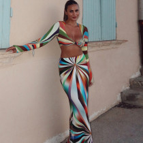 EVE Color Block Long Sleeve Printed Two Piece Skirts Set GJYO-JSD711567