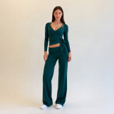 EVE Solid Color V Neck Sport Three Piece Pants Set GPKJ-MR51429