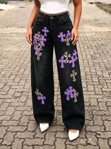 EVE Plus Size Contrast Color Leopard Straight Jeans GYLN-8551