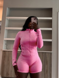 EVE Solid Color Long Sleeve Tight Two Piece Shorts Set CH-24068