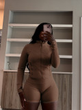 EVE Solid Color Long Sleeve Tight Two Piece Shorts Set CH-24068