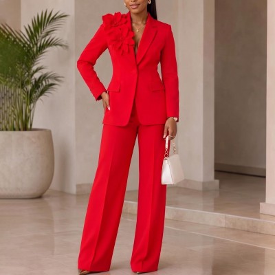 EVE Plus Size Solid Color 3d Flower Two Piece Pants Set GATE-647