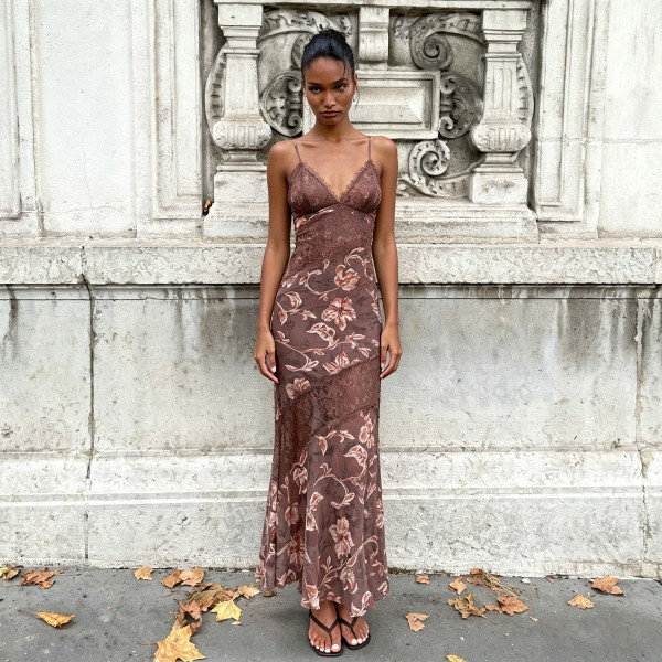 EVE V Neck Printed Backless Maxi Dress GPKJ-MR51836