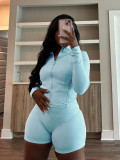 EVE Solid Color Long Sleeve Tight Two Piece Shorts Set CH-24068