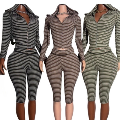 EVE Long Sleeve Stripe Top Seventh Pants Suit MEM-88723