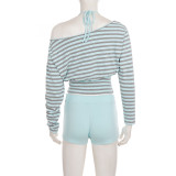 EVE Stripe Long Sleeve Top Drawstring Short Suit GPKJ-MR50968
