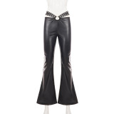 EVE Low Waist Metal Buckle Leather Pants GPKJ-MR51255