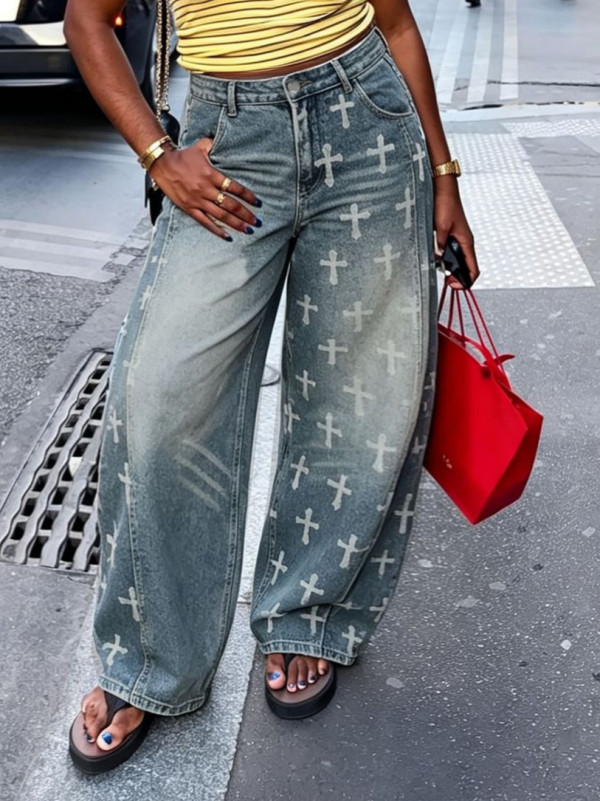 EVE Plus Size Cross Print Loose Straight Jeans GYLN-9033