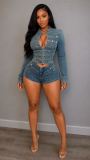 EVE Retro Long Sleeve Denim Two Piece Short Set MEM-88721