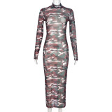 EVE Camouflage Printed Mesh See Through Midi Dress GNZD-9631DD