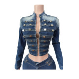 EVE Retro Long Sleeve Denim Two Piece Short Set MEM-88721