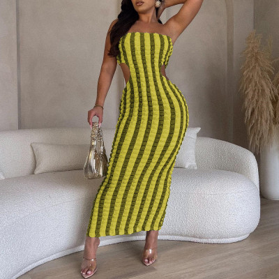 EVE Stripe Contrast Color Strapless Midi Dress GNZD-7945DG