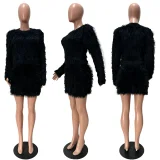 EVE Fur Long Sleeve Two Piece Skirt Knits Suit CM-60908