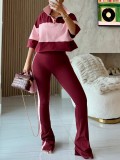 EVE Contrast Color 3/4 Sleeve Two Piece Pants Set QODY-6080