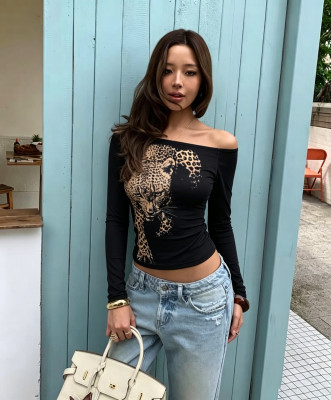 EVE Leopard Prined One Shoulder T Shirt GXIY-K26L2939
