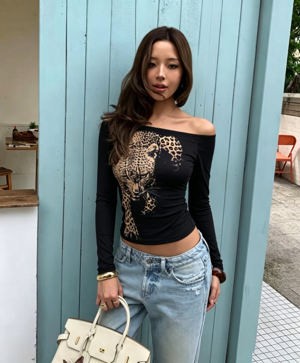 EVE Leopard Prined One Shoulder T Shirt GXIY-K26L2939