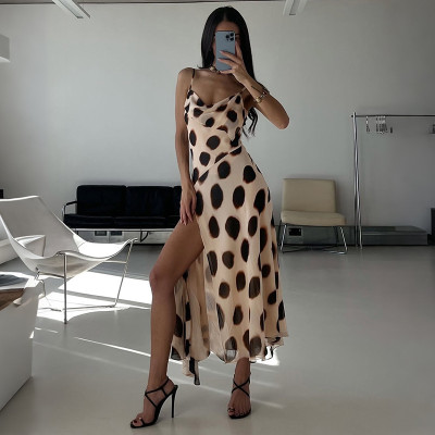 EVE Polka Dot Printed Sling Split Maxi Dress GZJQ-K6D17958A