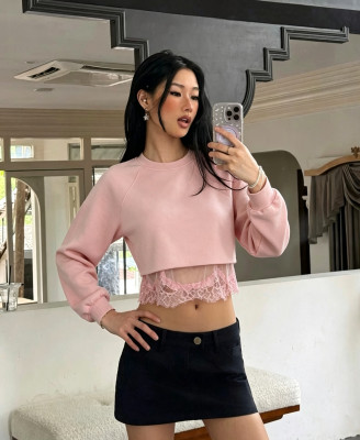 EVE Solid Color Long Sleeve Mesh Patchwork Tops GXIY-K26L2911