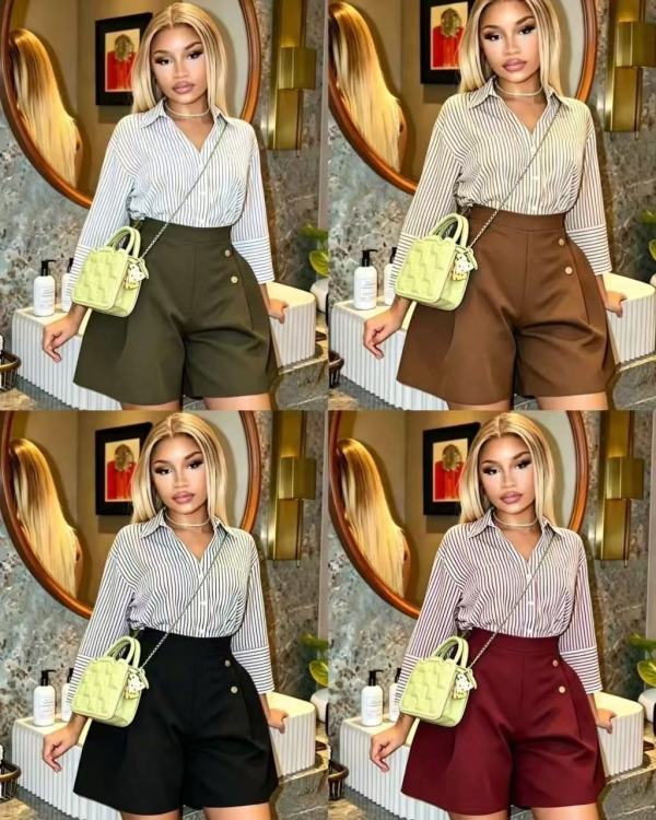 EVE Stripe Lapel Shirt Two Piece Shorts Set GMYU-11526