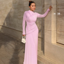 EVE Solid Color Long Sleeve Ruched Maxi Dress BLG-D5519165A
