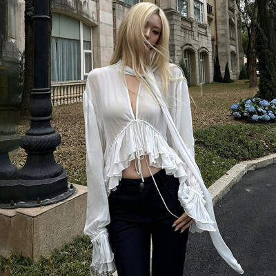 EVE Long Sleeve Tie Up Ruffles Chiffon Blouse LJSF-T6822322X