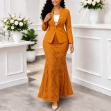 EVE Plus Size Solid Color Long Sleeve Two Piece Skirts Set GMLF-3385