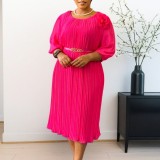 EVE Plus Size Solid Color Tie Up Pleated Midi Dress GMLF-D614