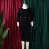 EVE Plus Size Solid Color Tie Up Pleated Midi Dress GMLF-D614