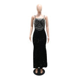 EVE Velour Hot Drill Sling Maxi Dress CYA-902534